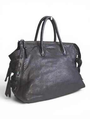 Miu Miu Black Leather Top-Handle Tote with Side Lace Detail
